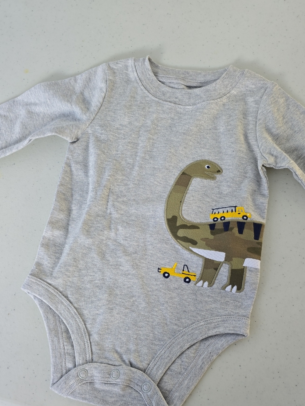 Gray Baby Onesie with Dinosaur and Yellow Trucks Two Piece SET